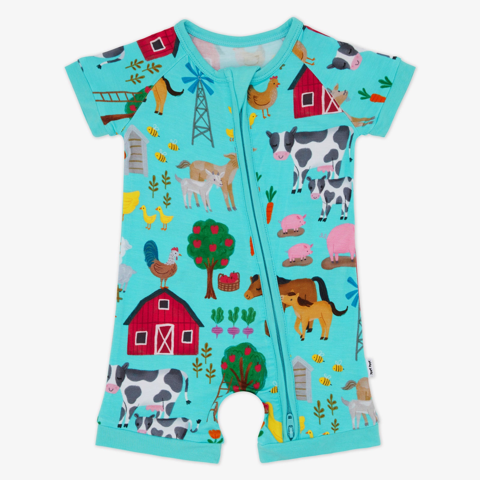 Flat lay of the Turquoise Farm Fam Shorty Zippy