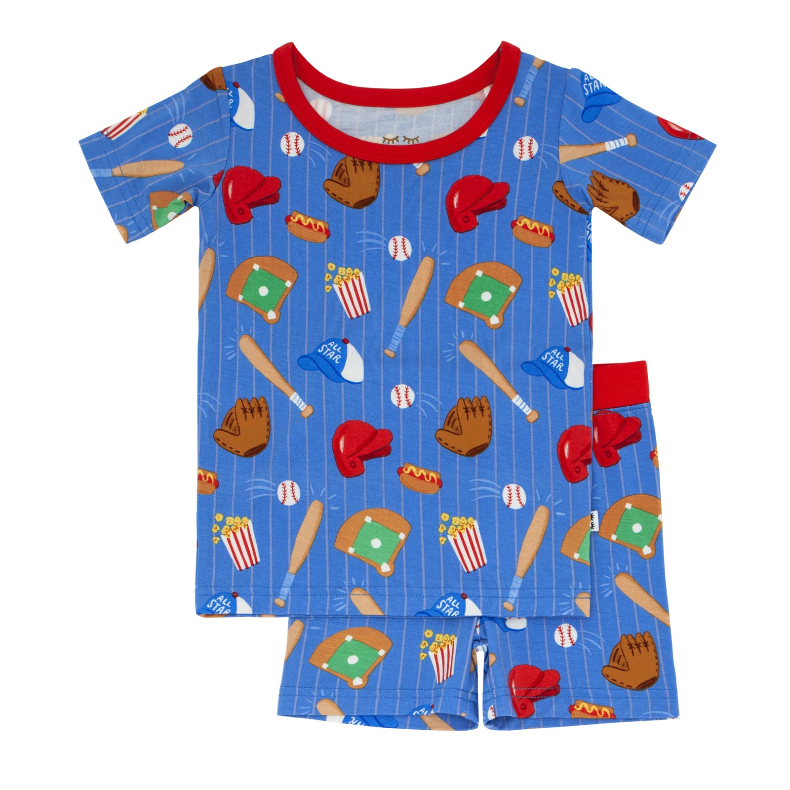 Flat lay of a Blue All Stars two piece short sleeve and shorts bamboo pajama set