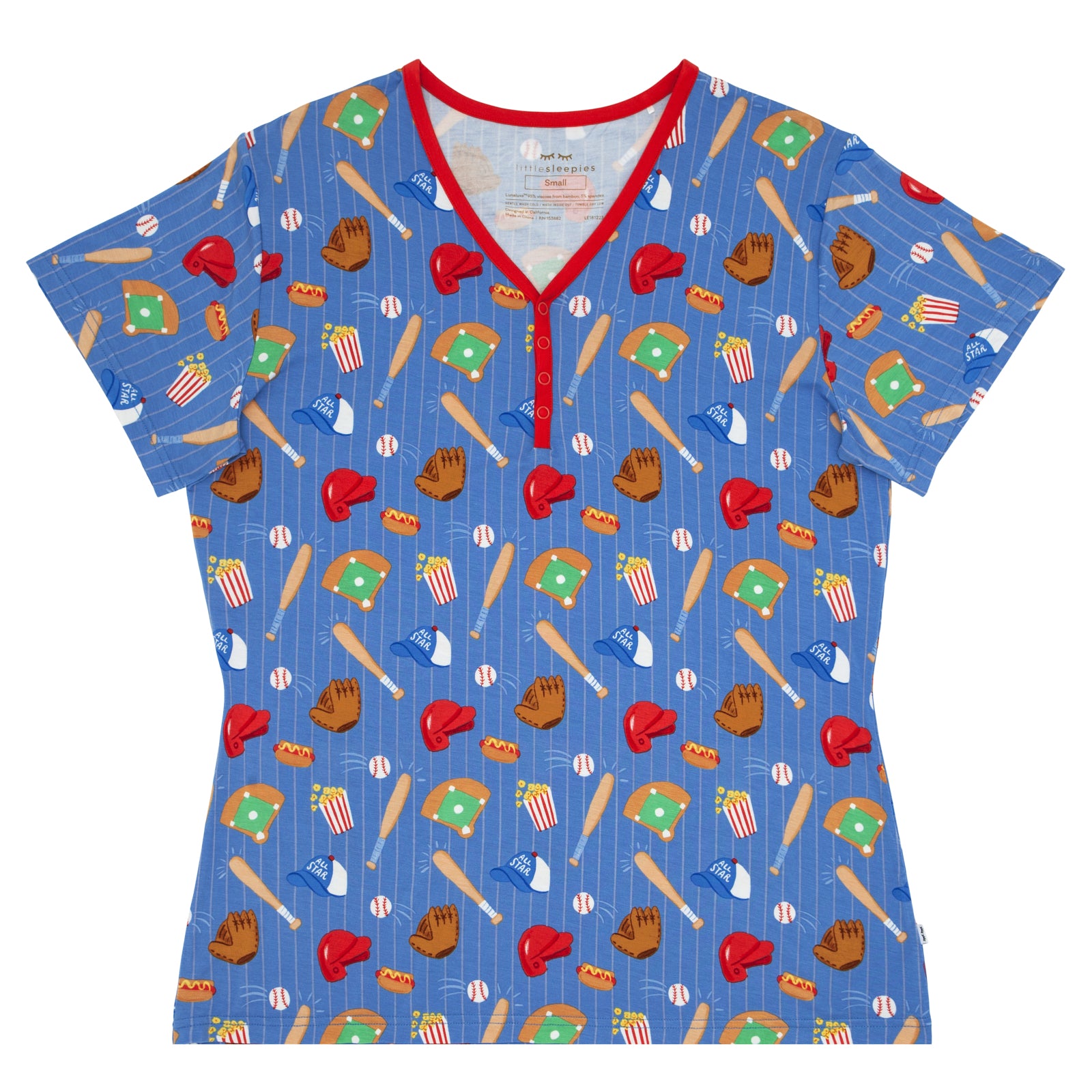 Flat lay of a Blue All Stars short sleeve bamboo women's pajama top