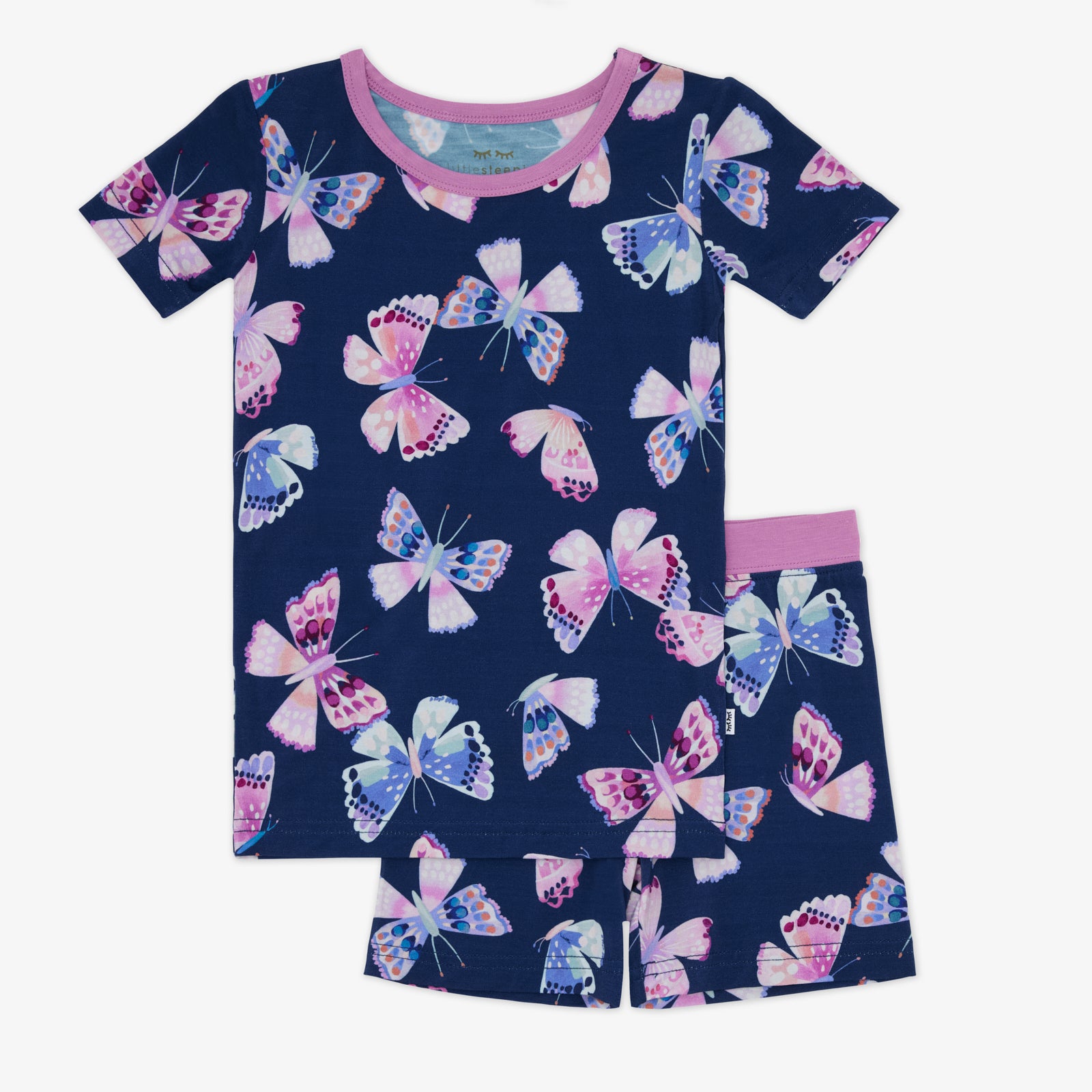 Flat lay of the Royal Butterflies Two-Piece Short Sleeve & Shorts Pajama Set