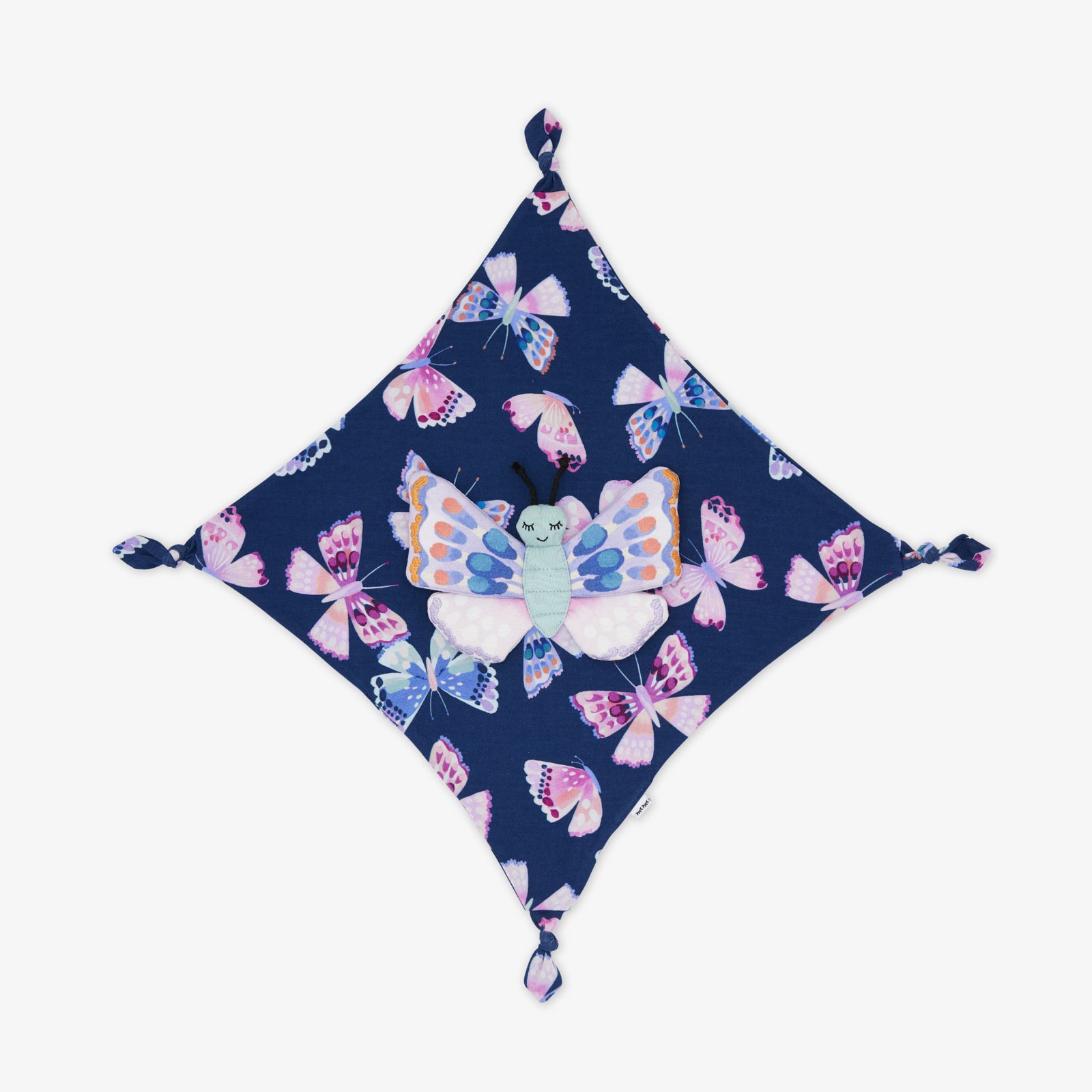 Flat lay of the Mira the Butterfly Sleepyhead Lovey showing the butterfly print blanket