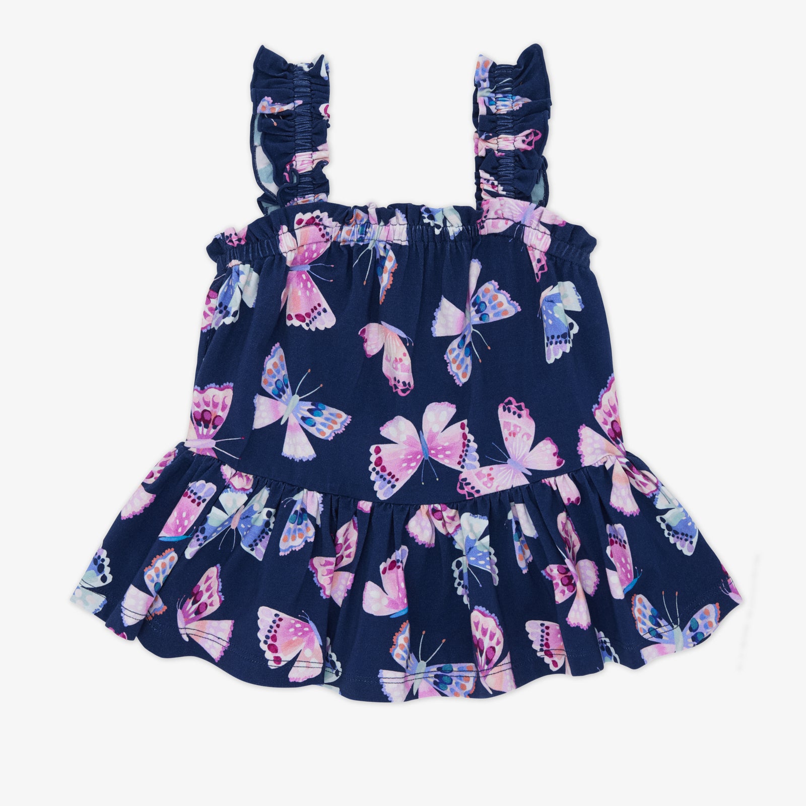 Flat lay of the Royal Butterflies Peplum Flutter Tank