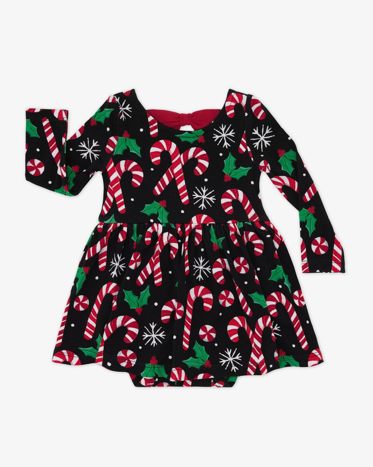 Flat lay of the Merry Mints Bow Back Skater Dress with Bodysuit