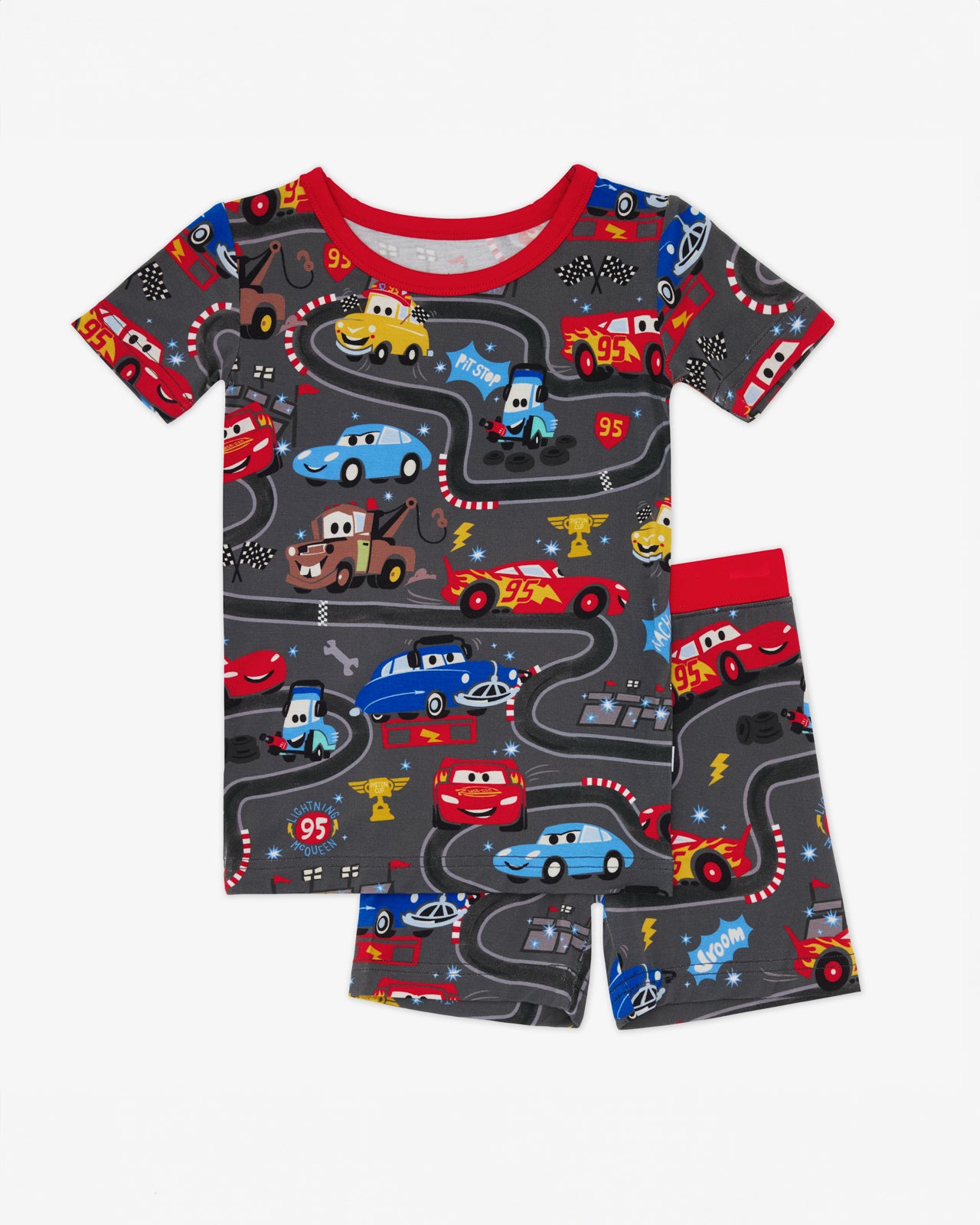 Flat lay of the Disney & Pixar Piston Cup Two-Piece Short Sleeve & Shorts Pajama Set