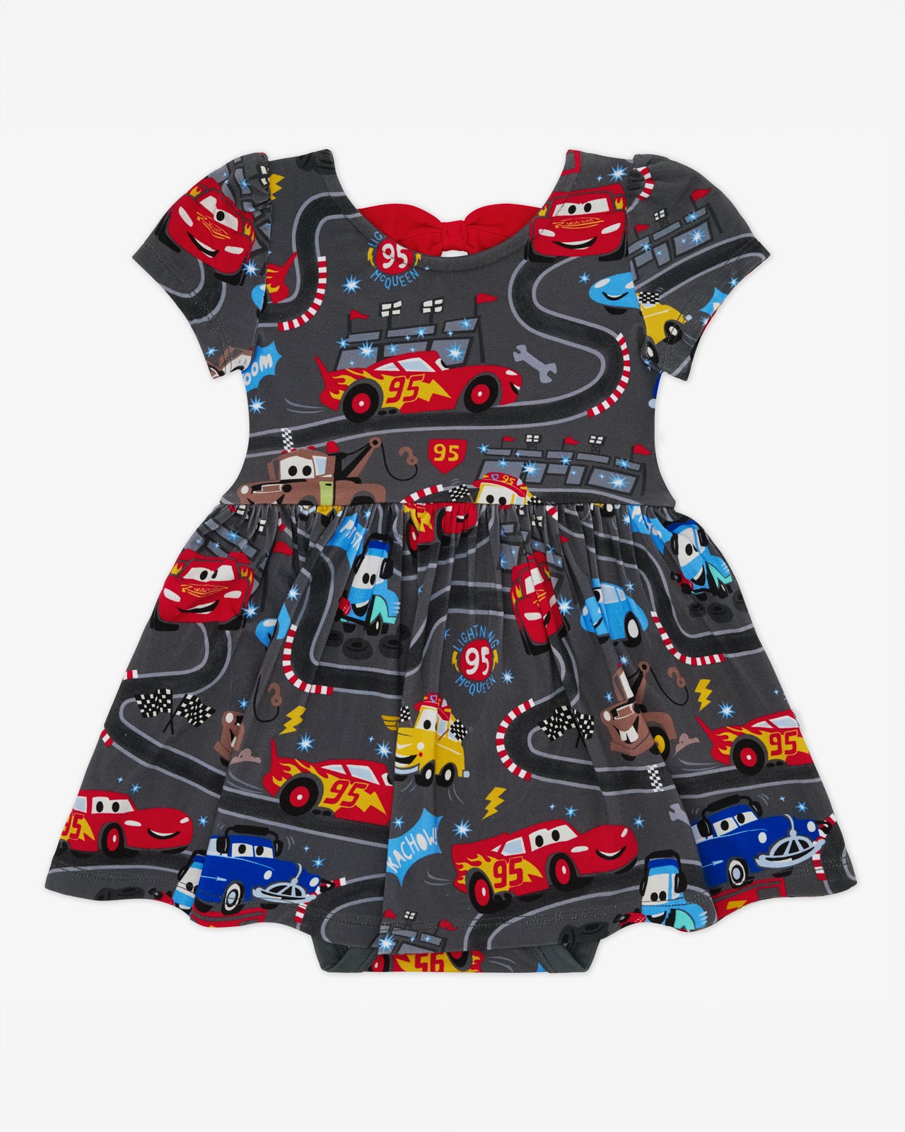 Flat lay of the Disney & Pixar Piston Cup Bow Back Skater Dress with Bodysuit