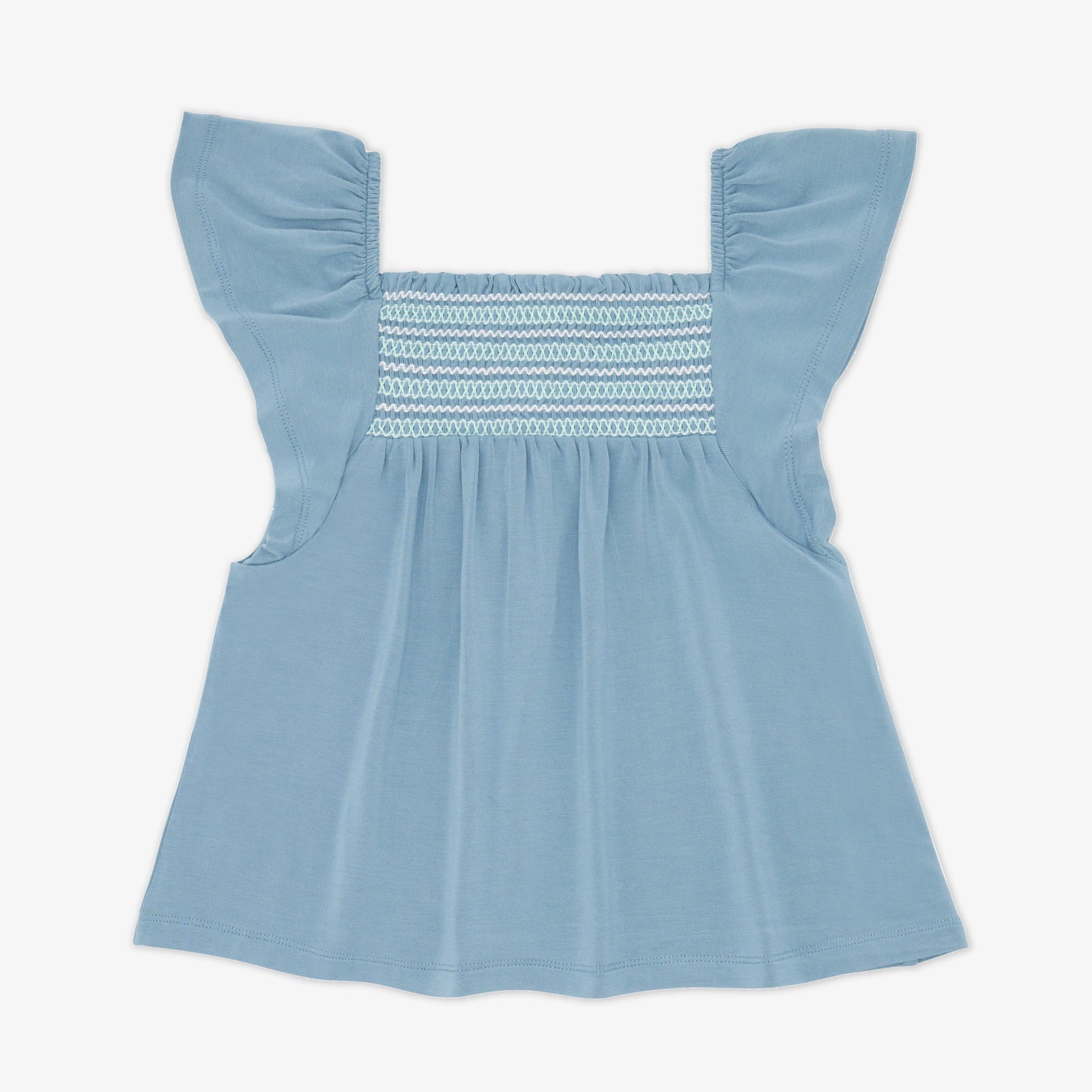Flat lay of the Dusk Blue Smocked Flutter Top