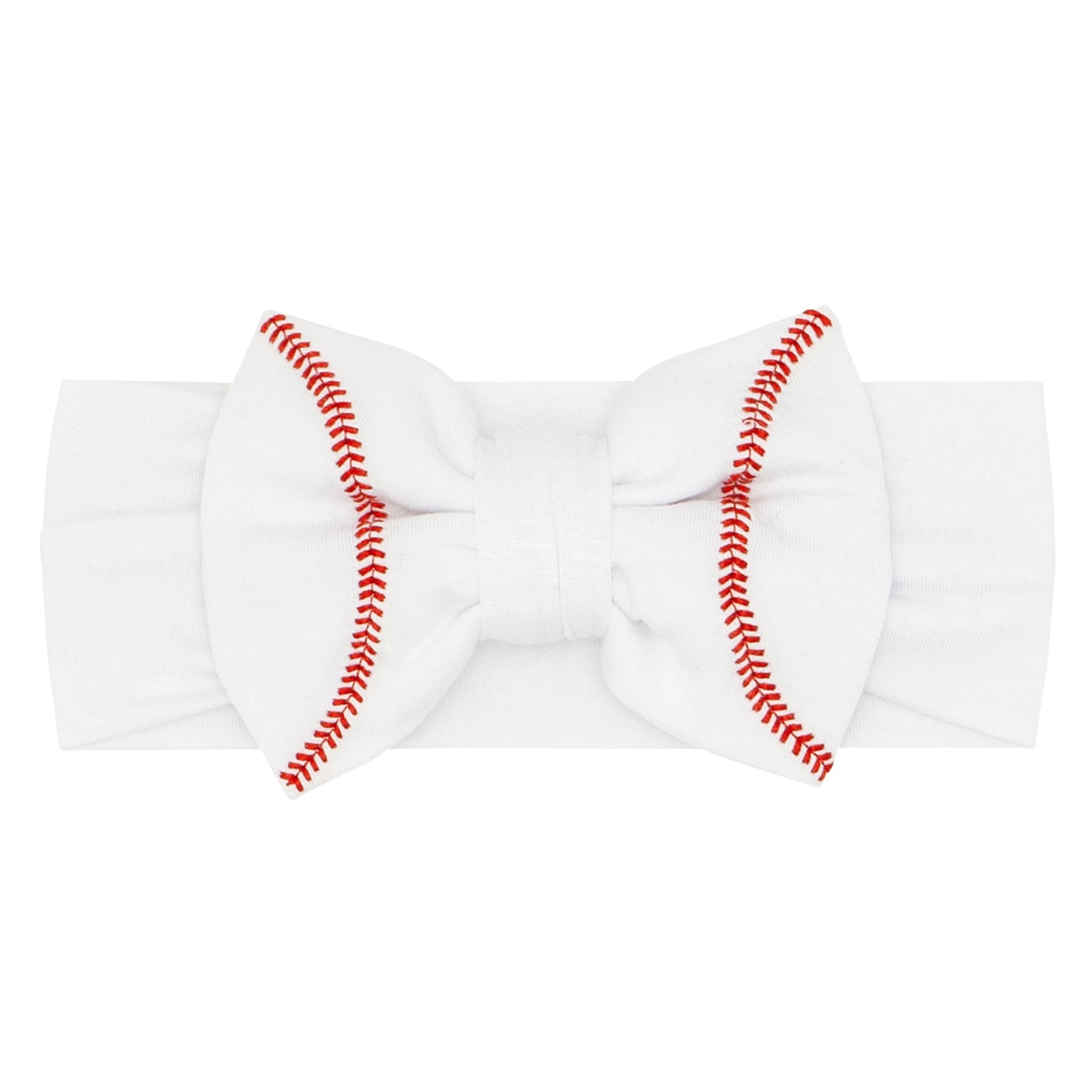 Flat lay of an Embroidered Baseball luxe bow headband