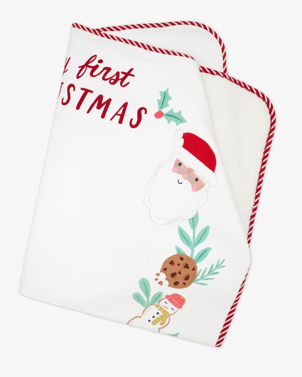 Flat lay of the My First Christmas Milestone Plush Blanket folded