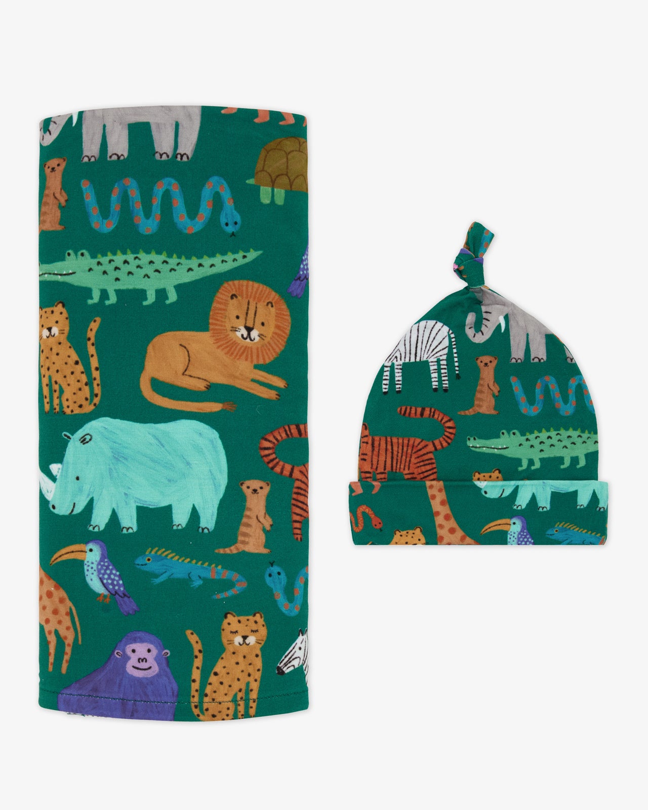 Flat lay of the Wild Zoo Swaddle & Hat Set