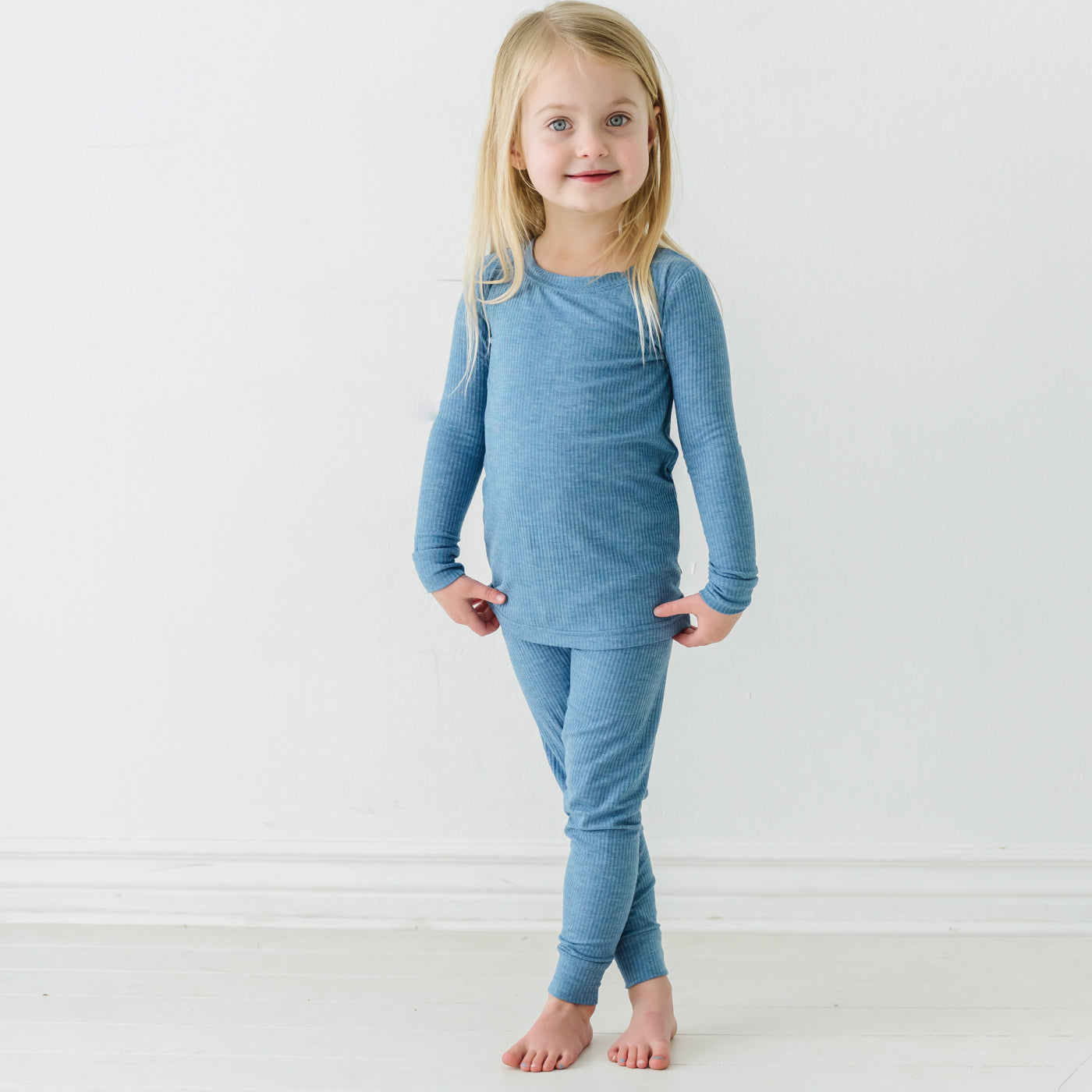 LS/P PJ Set - Heather Blue Ribbed Two-Piece Pajama Set