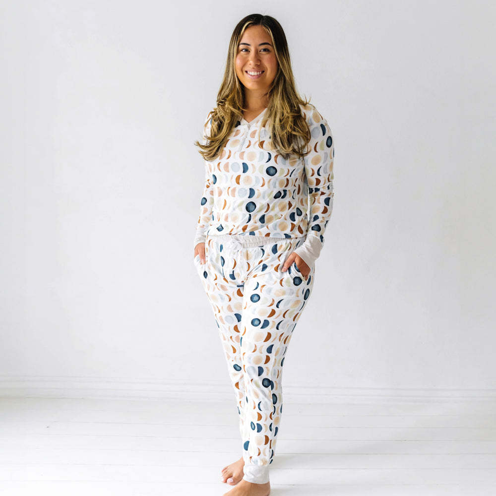 Woman wearing Luna Neutral women's pajama top paired with matching women's pj pants