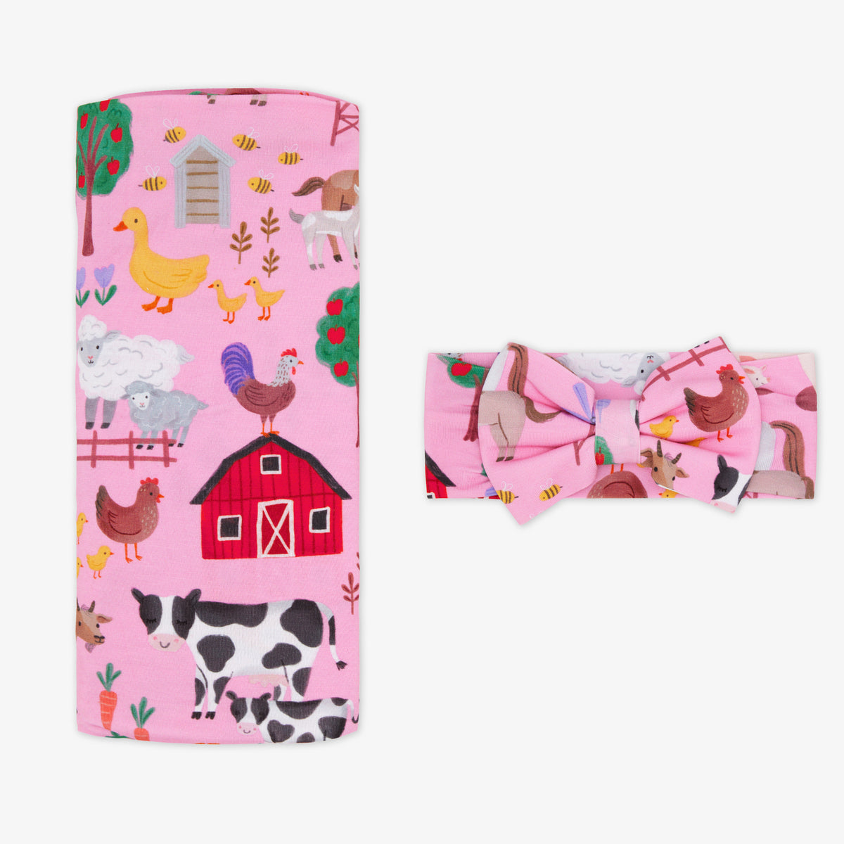 Pink Farm Fam Swaddle & Luxe Bow Headband Set | Little Sleepies display picture 1