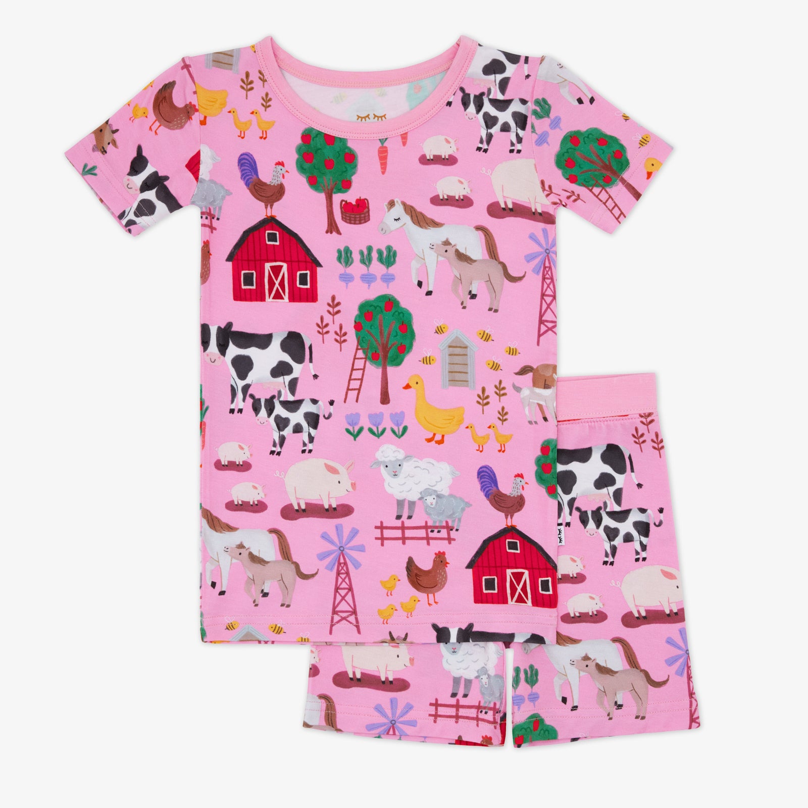 Flat lay of the Pink Farm Fam Two-Piece Short Sleeve & Shorts Pajama Set