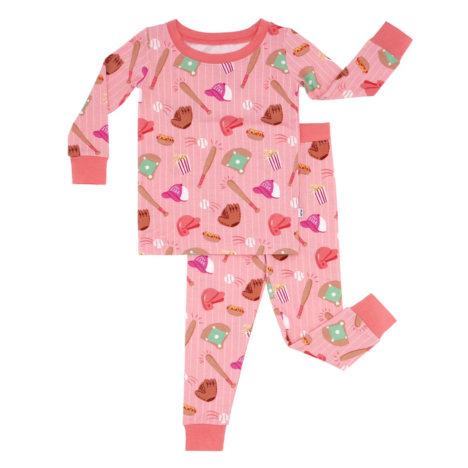 Flat lay of a Pink All Stars two piece long sleeve and pants kids bamboo pajama set