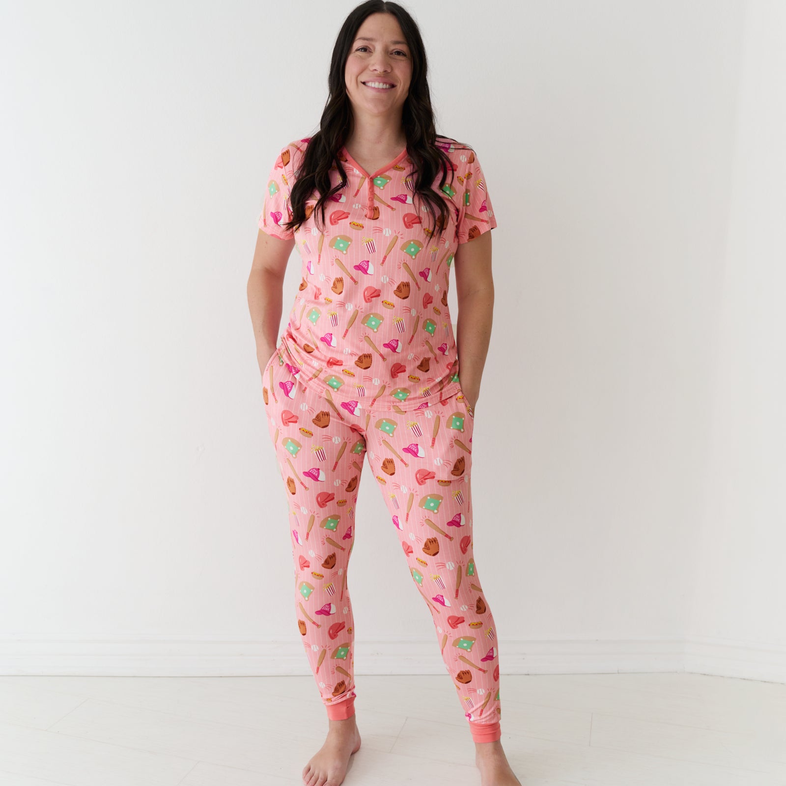 Woman wearing Pink All Stars women's bamboo pajamas