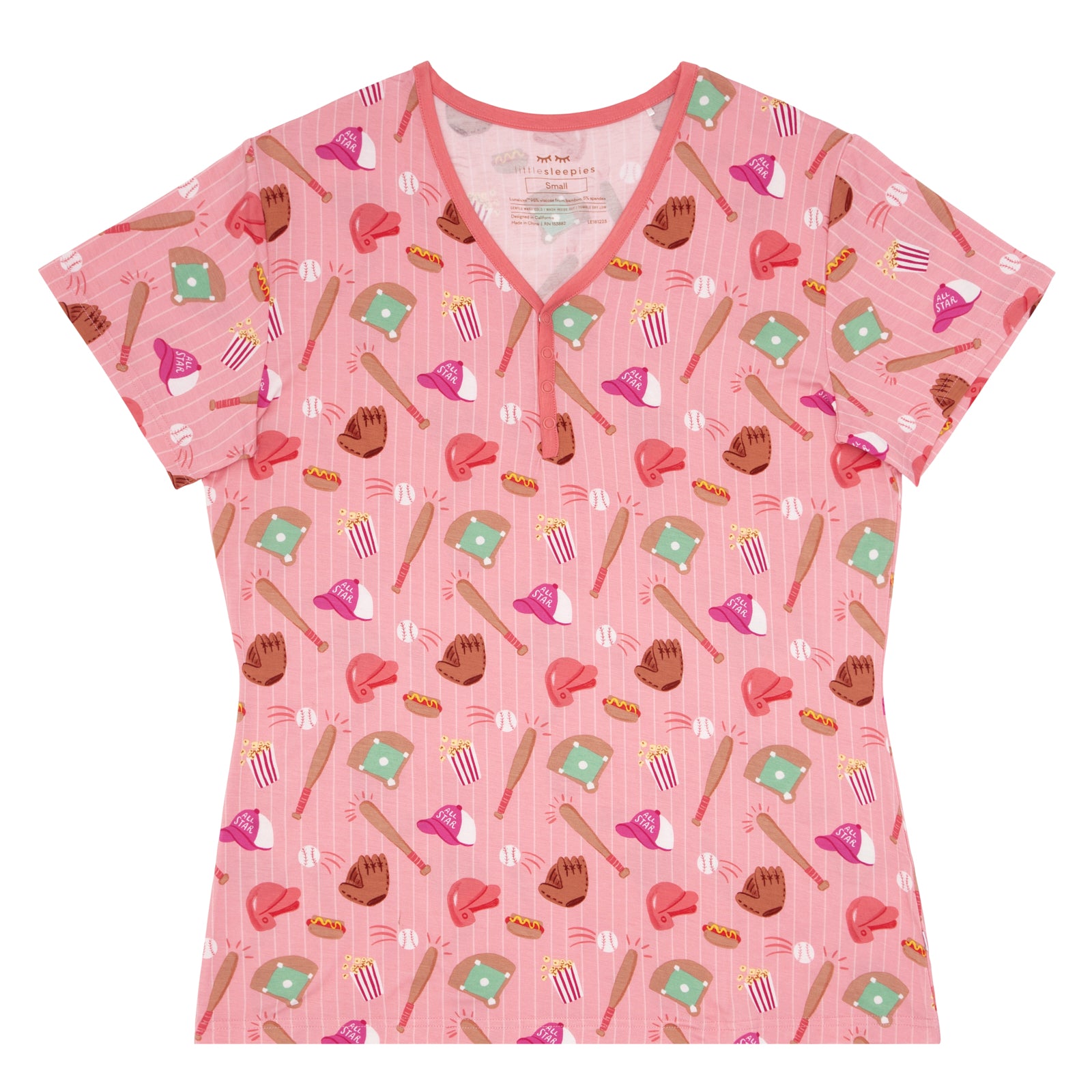 Flat lay of a Pink All Stars women's bamboo pajama top