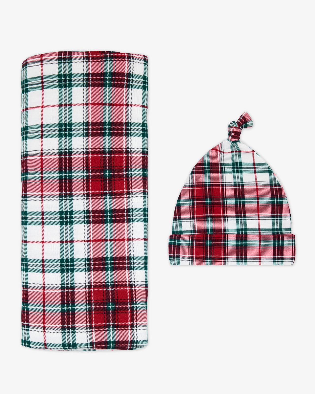 Flat lay of the Holly Plaid Swaddle & Hat Set