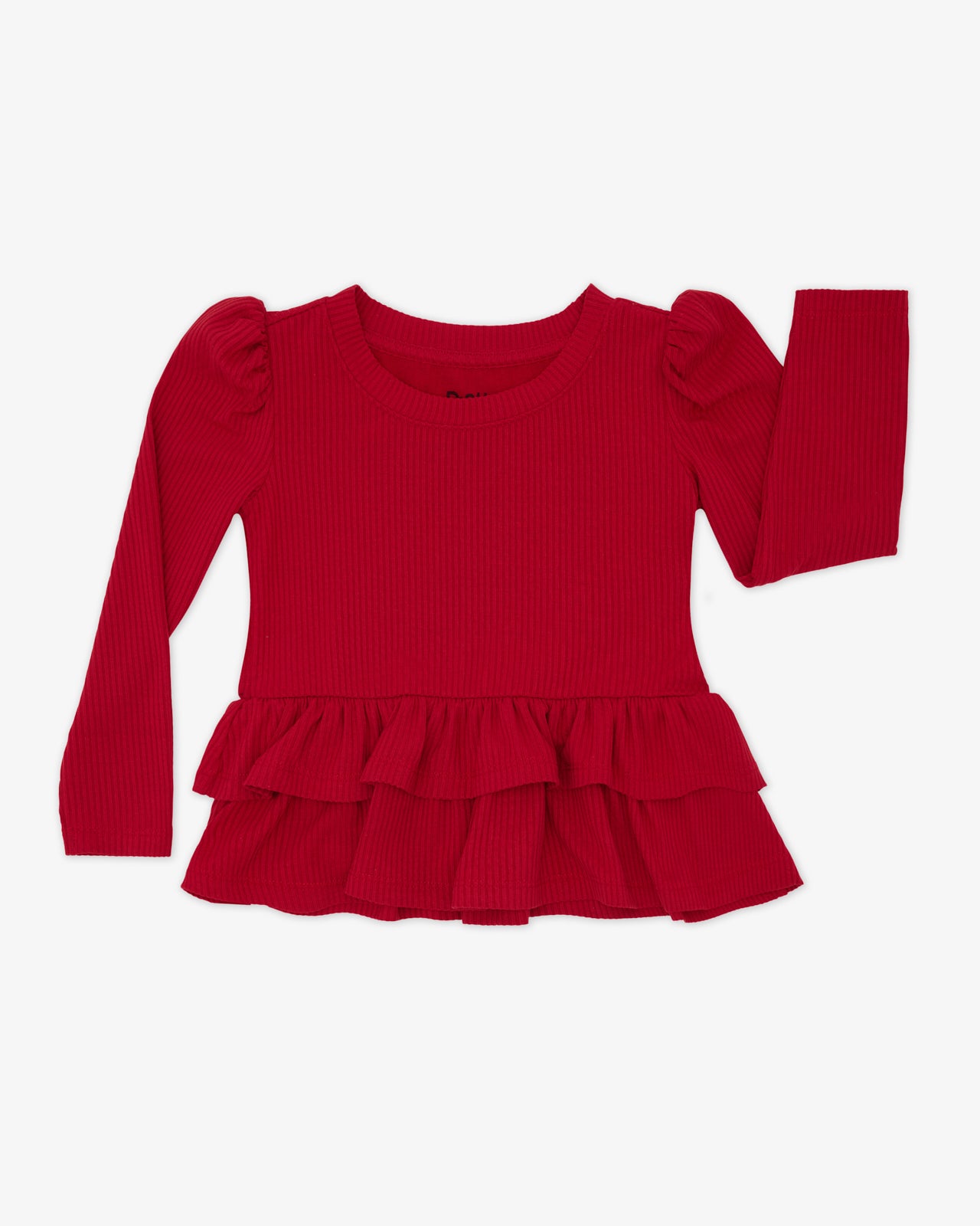 Flat lay of the Holiday Red Ribbed Tiered Peplum Top