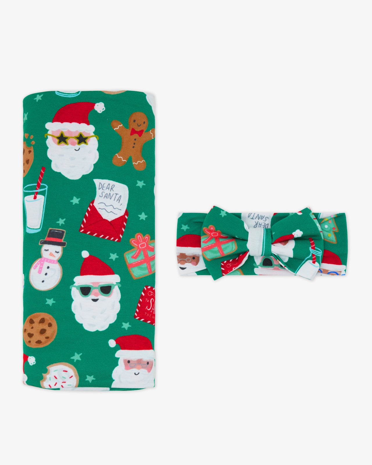 Flat lay of the Cookies for Santa Swaddle & Luxe Bow Headband Set