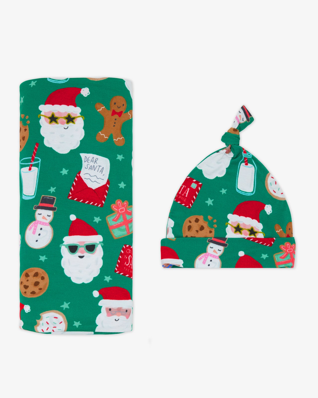 Flat lay of the Cookies for Santa Swaddle & Hat Set