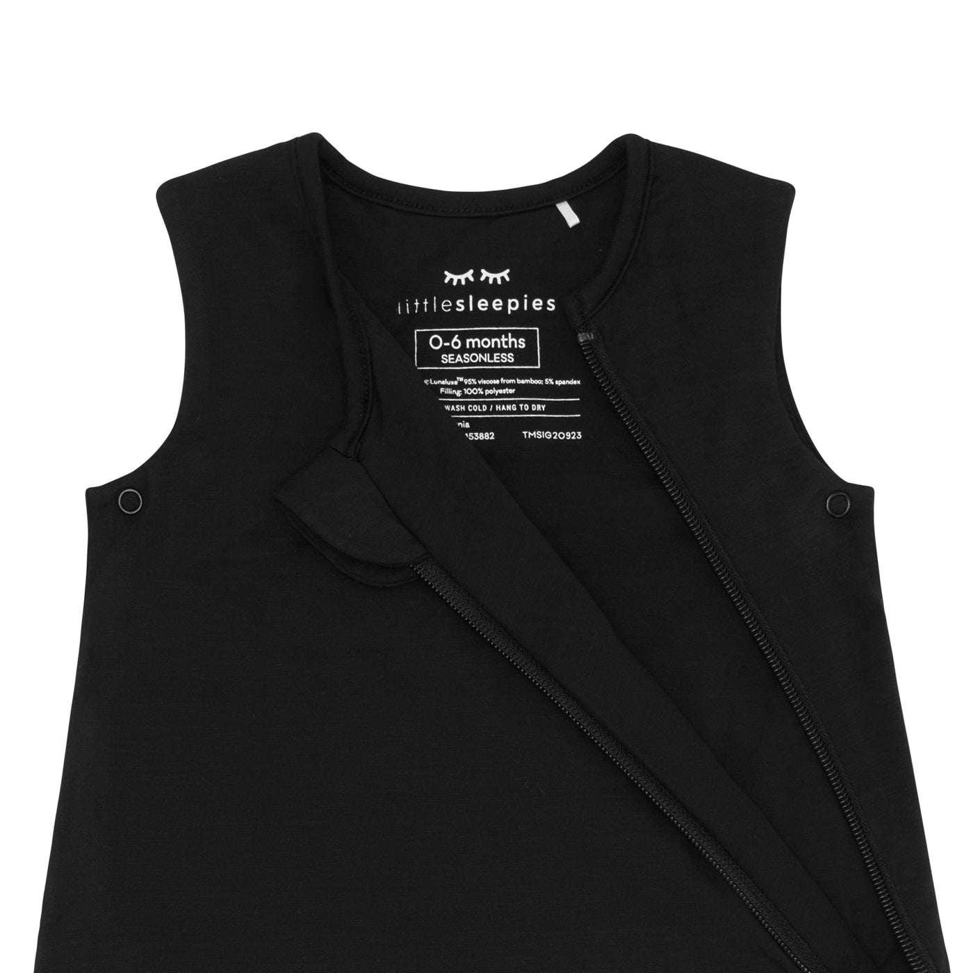 Close up flat lay image of a Black Sleepy Bag