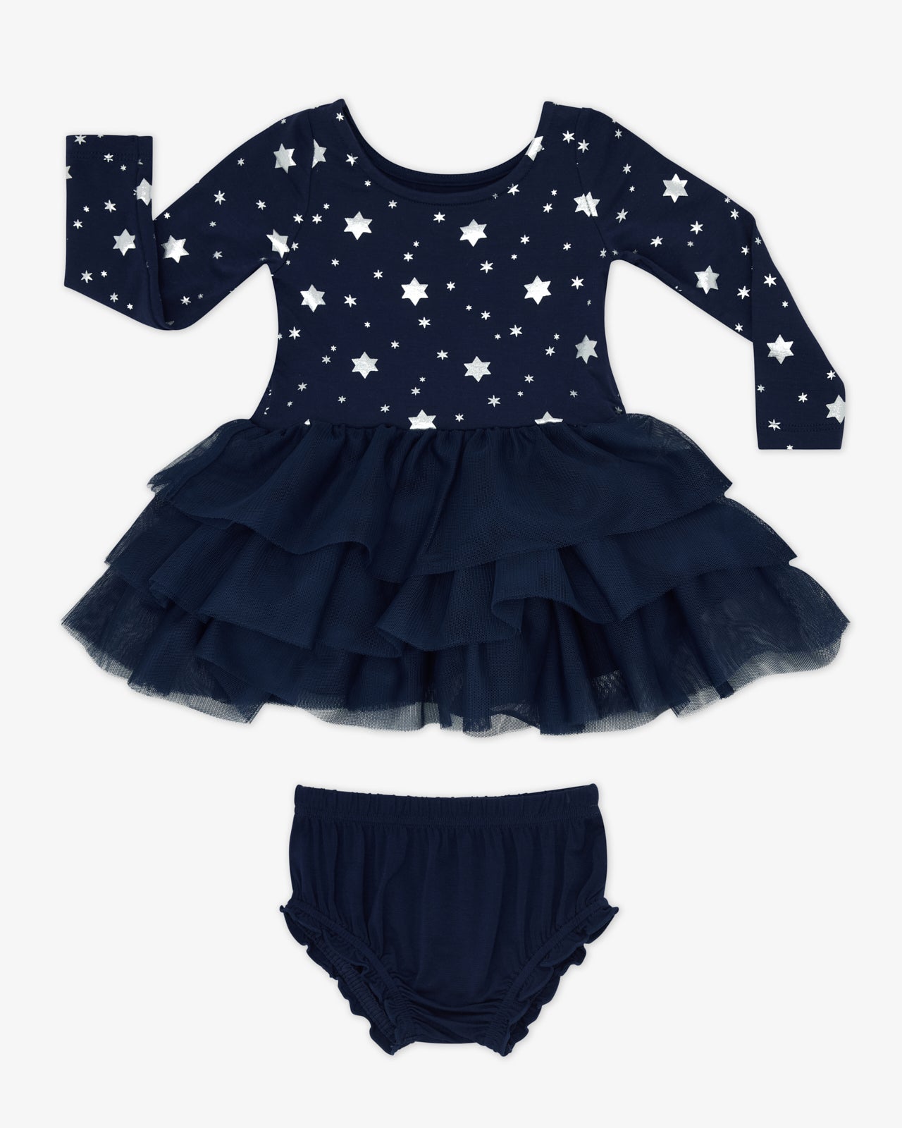 Flat lay of the Hanukkah Stars Tiered Tutu Dress with Bloomer