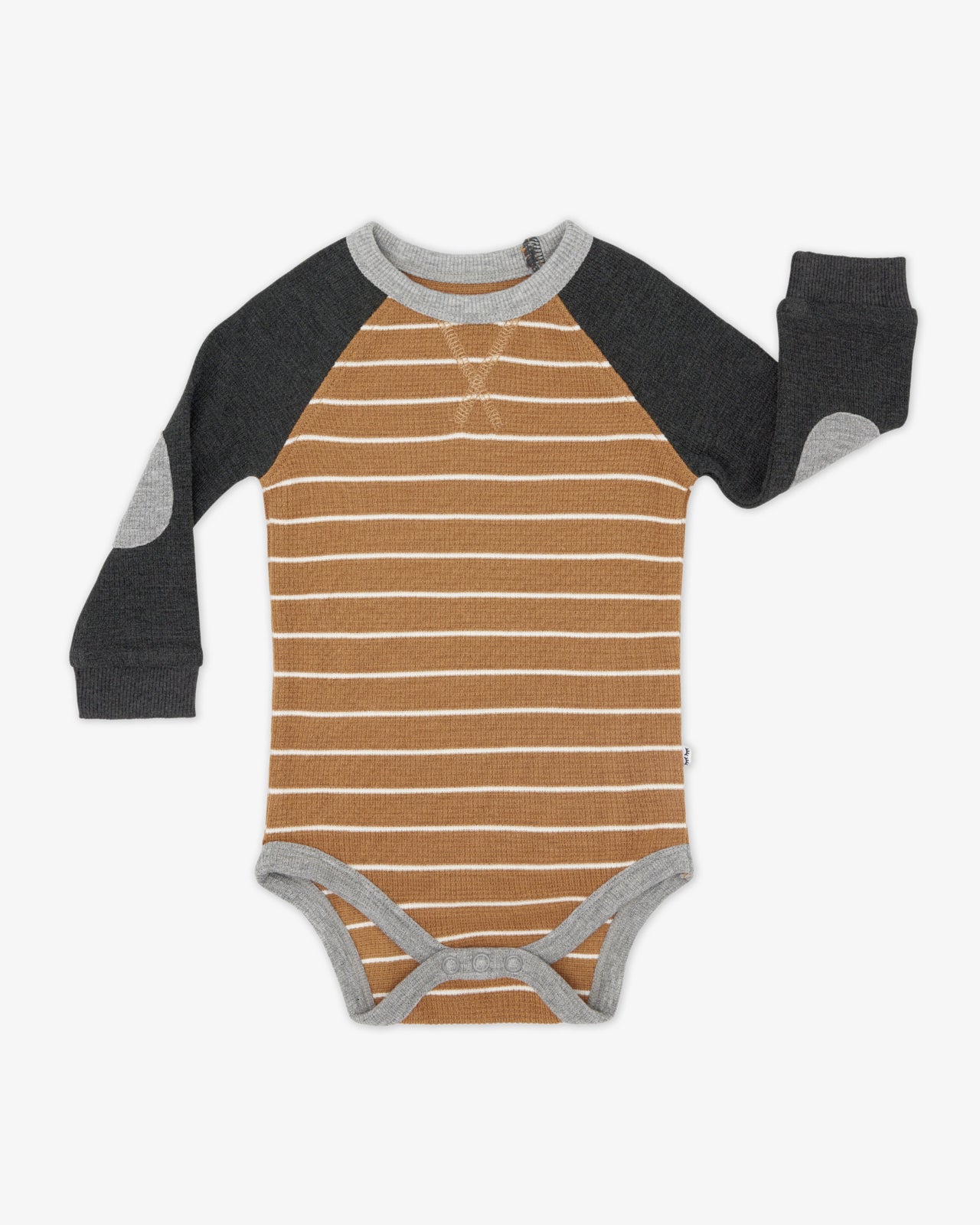Flat lay of the Cider Stripe Waffle Raglan Bodysuit