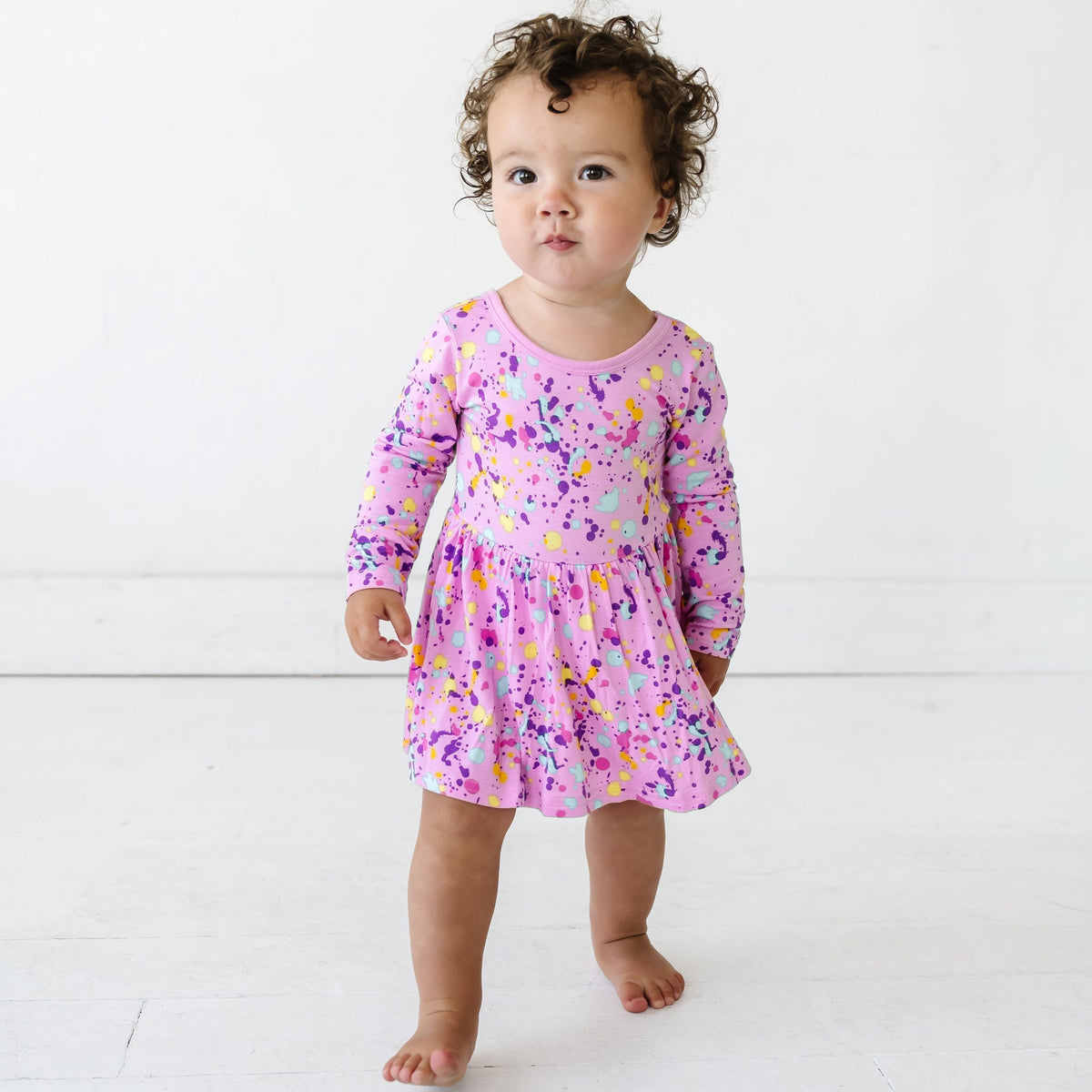 Pink Paint Party Long Sleeve Twirl Dress With Bodysuit - Little Sleepies