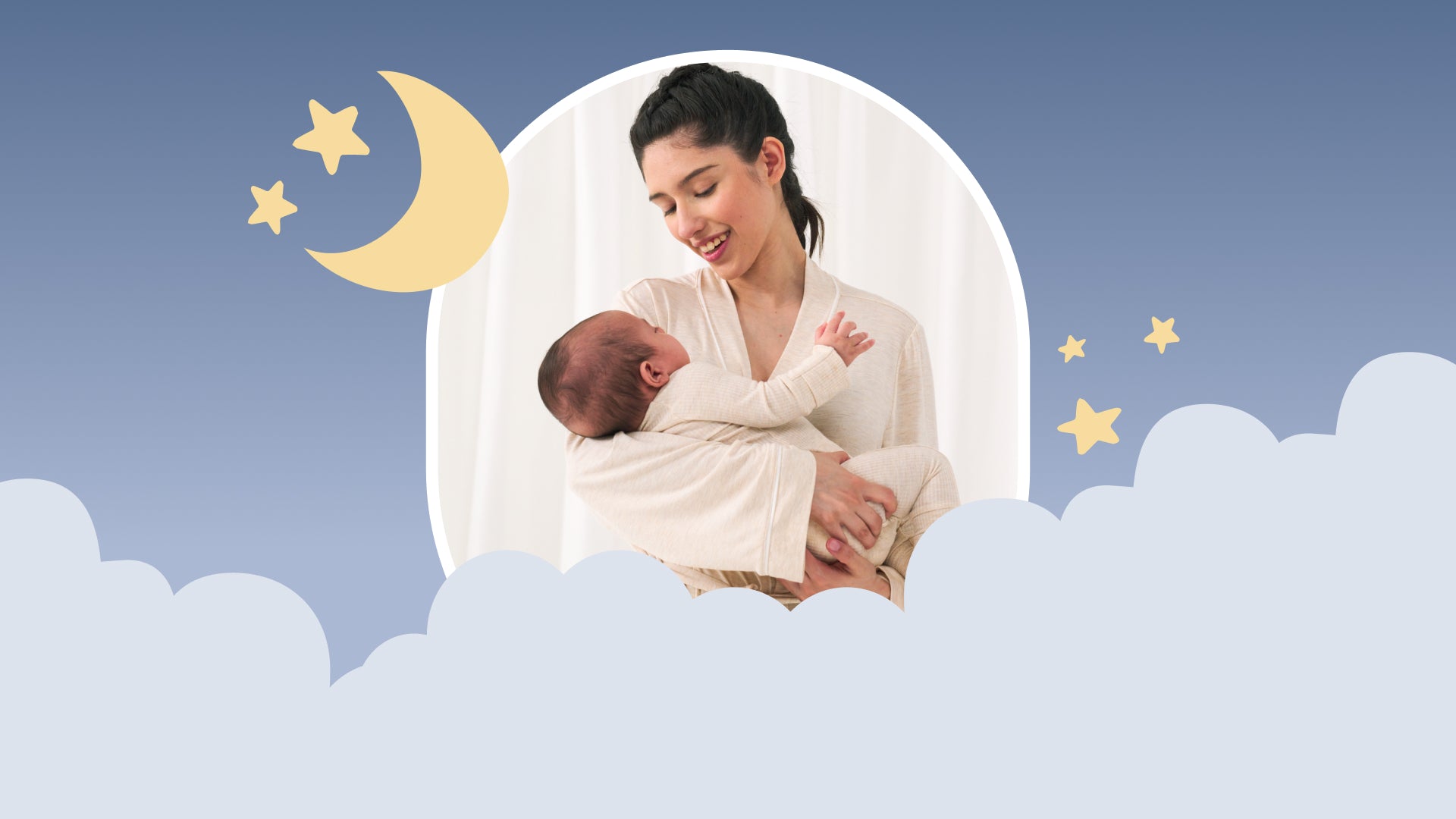 Image of a mother holding her baby with a cloud, moon, and stars background