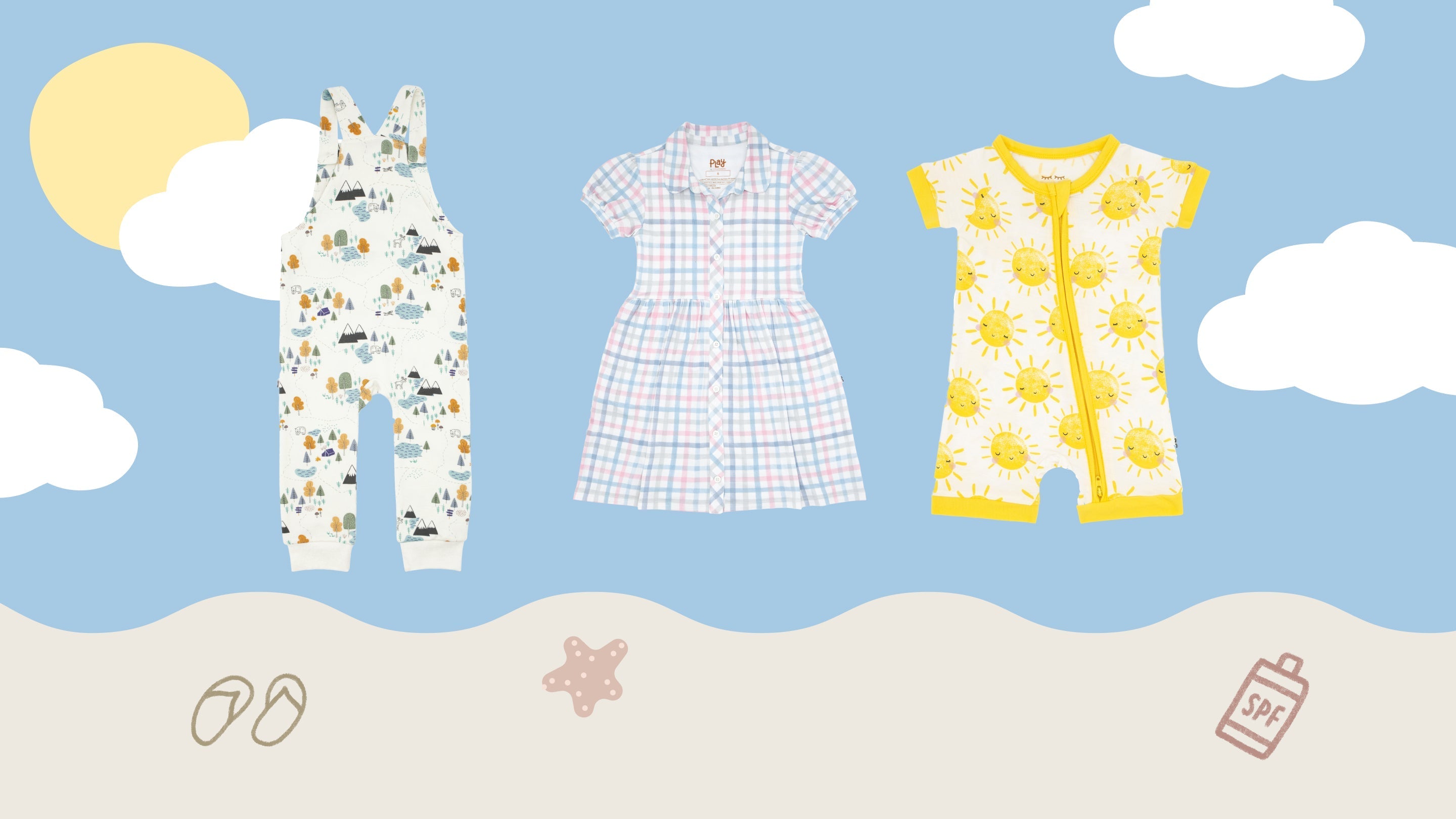 Flat lays of Play by Little Sleepies styles on a beachy background