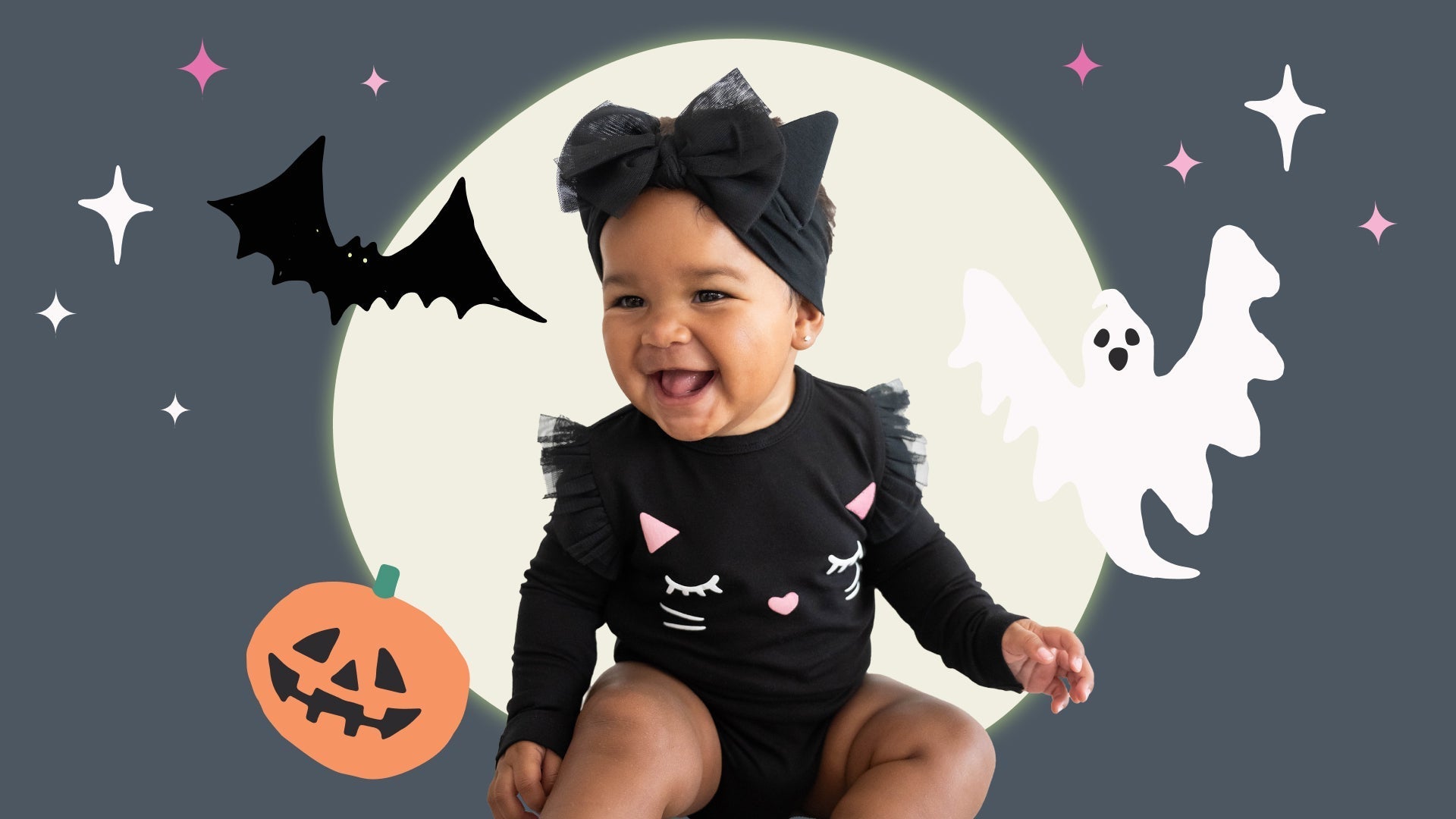 Image of a child sitting on the ground wearing a Black Cat Graphic Flutter Bodysuit and Cat Ears Luxe Bow Headband with drawings of a bat, ghost, and jack-o-lantern surrounding the image