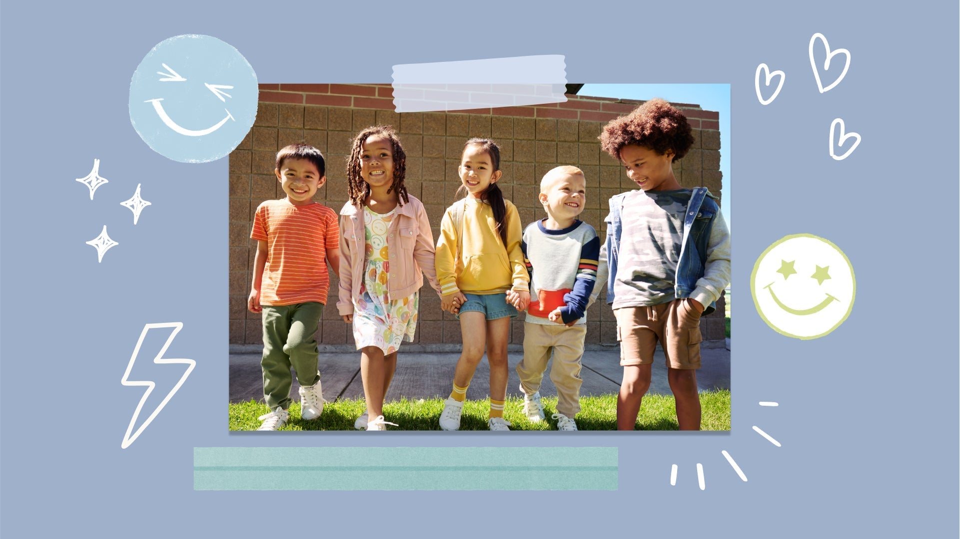 Image of five children holding hands, wearing Play by Little Sleepies outfits. The image is surrounded by doodles of smiley faces, stars, hearts, and a lightning bolt