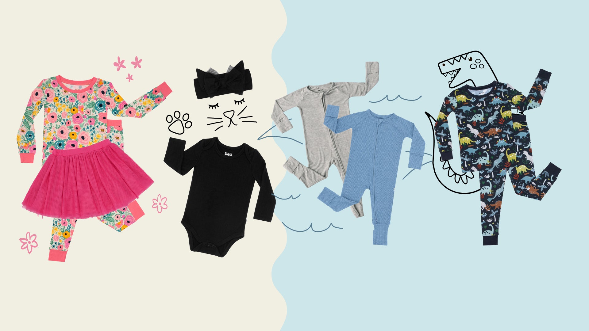 Image of four different costume ideas. From left to right, a garden fairy, a black cat, a shark, and a dinosaur.