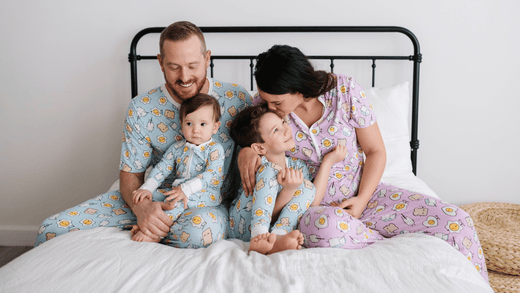 Family matching in Breakfast Buddies pajamas.