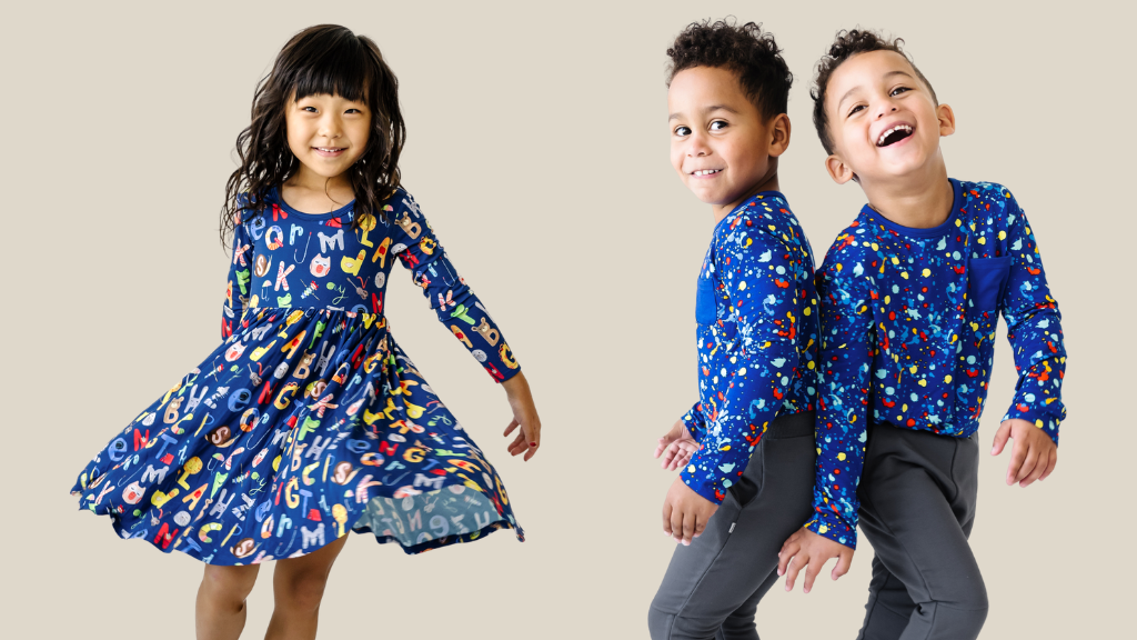 child in alphabet friends twirl dress pictured with two children in blue paint party long sleeve pocket tees and charcoal joggers