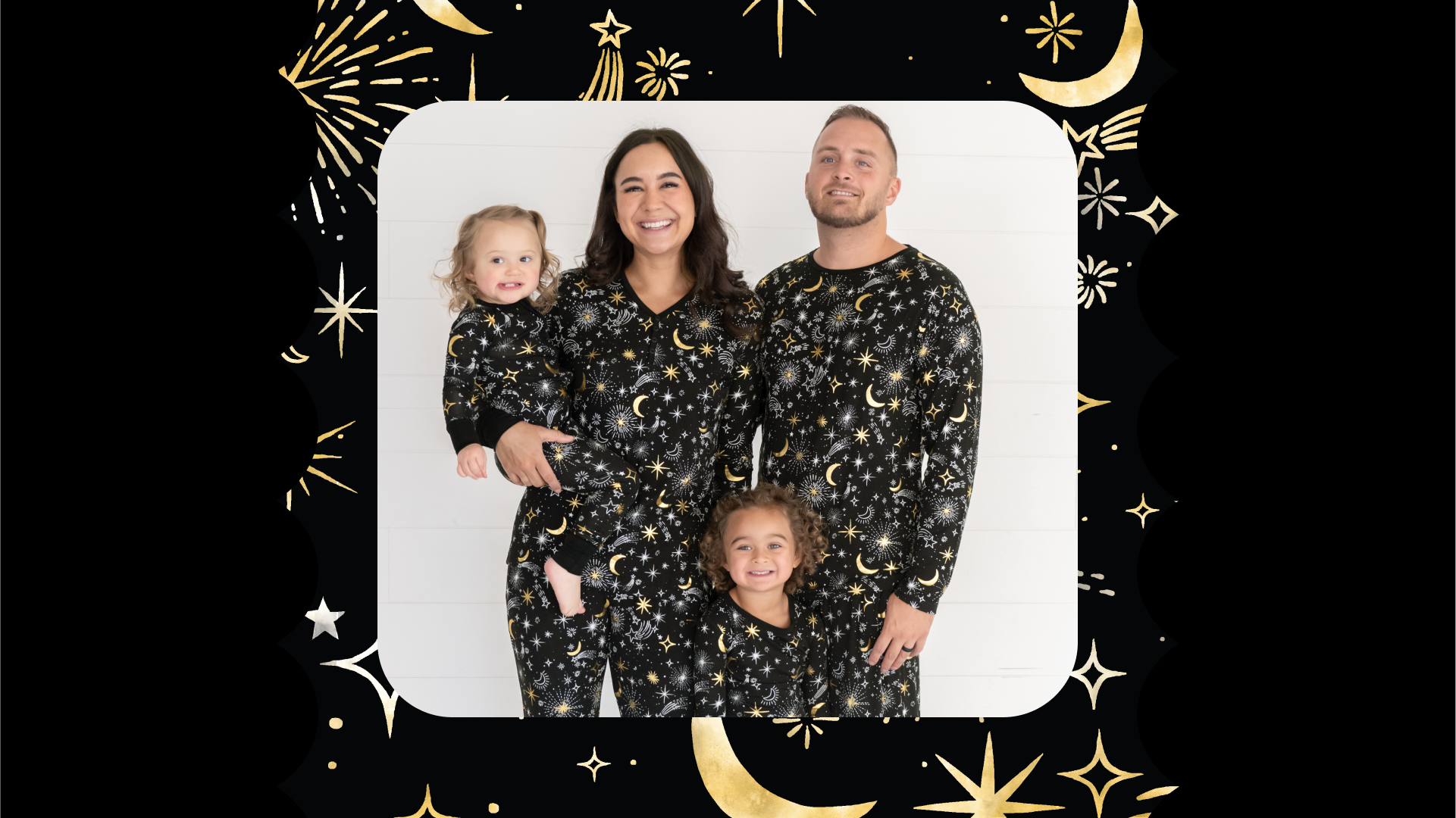 Family of four wearing matching Celebration Stars pajamas