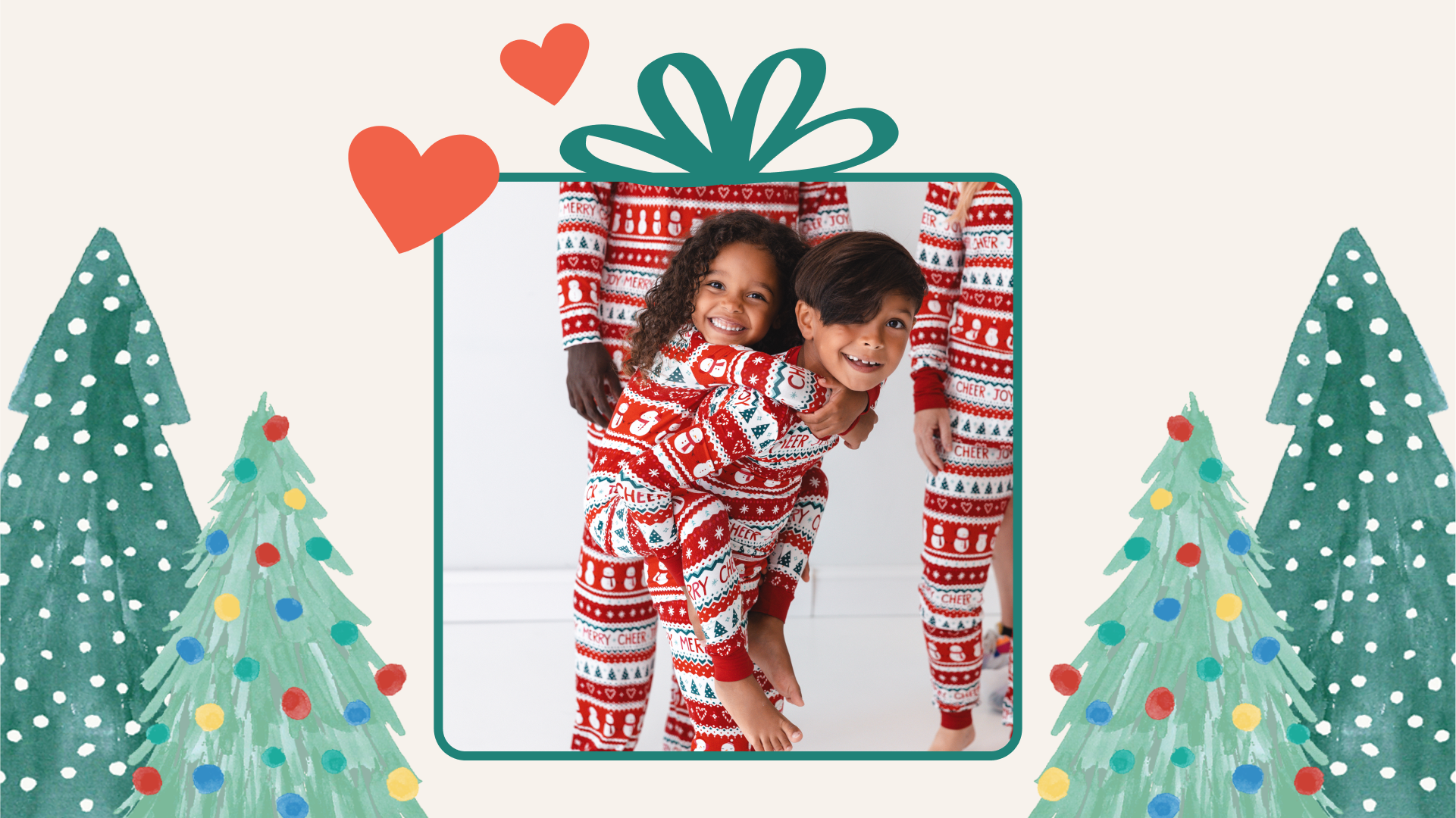 Image of children wearing Little Sleepies Christmas pajamas with drawings of Christmas trees on either side of the image