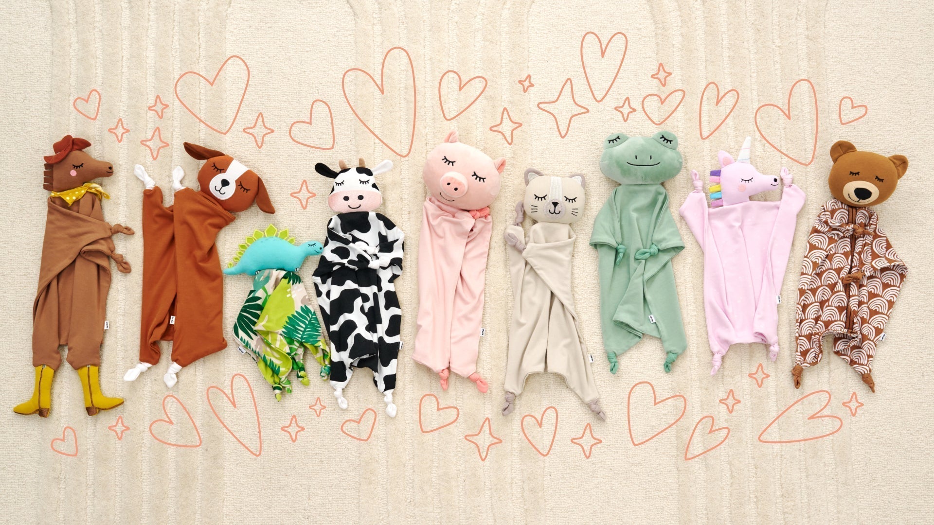 Nine bamboo viscose Sleepyhead loveys plush security blankets from Little Sleepies.