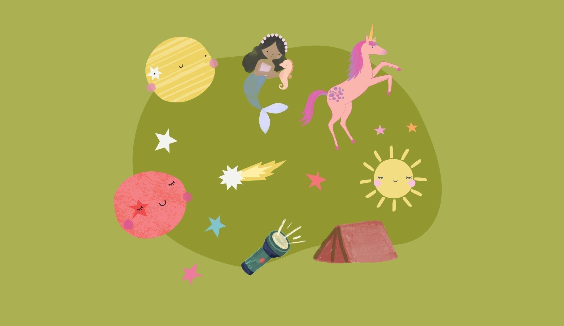 drawings of planets, unicorns, mermaids, and more on a green background