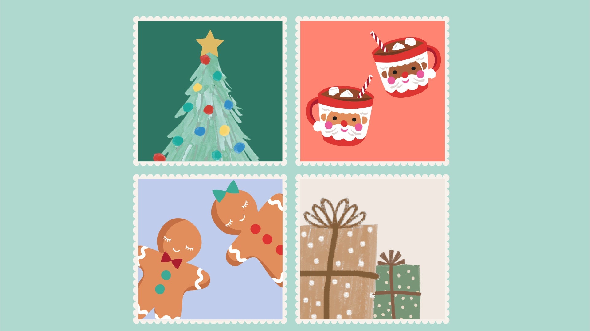 four drawings of various christmas related icons