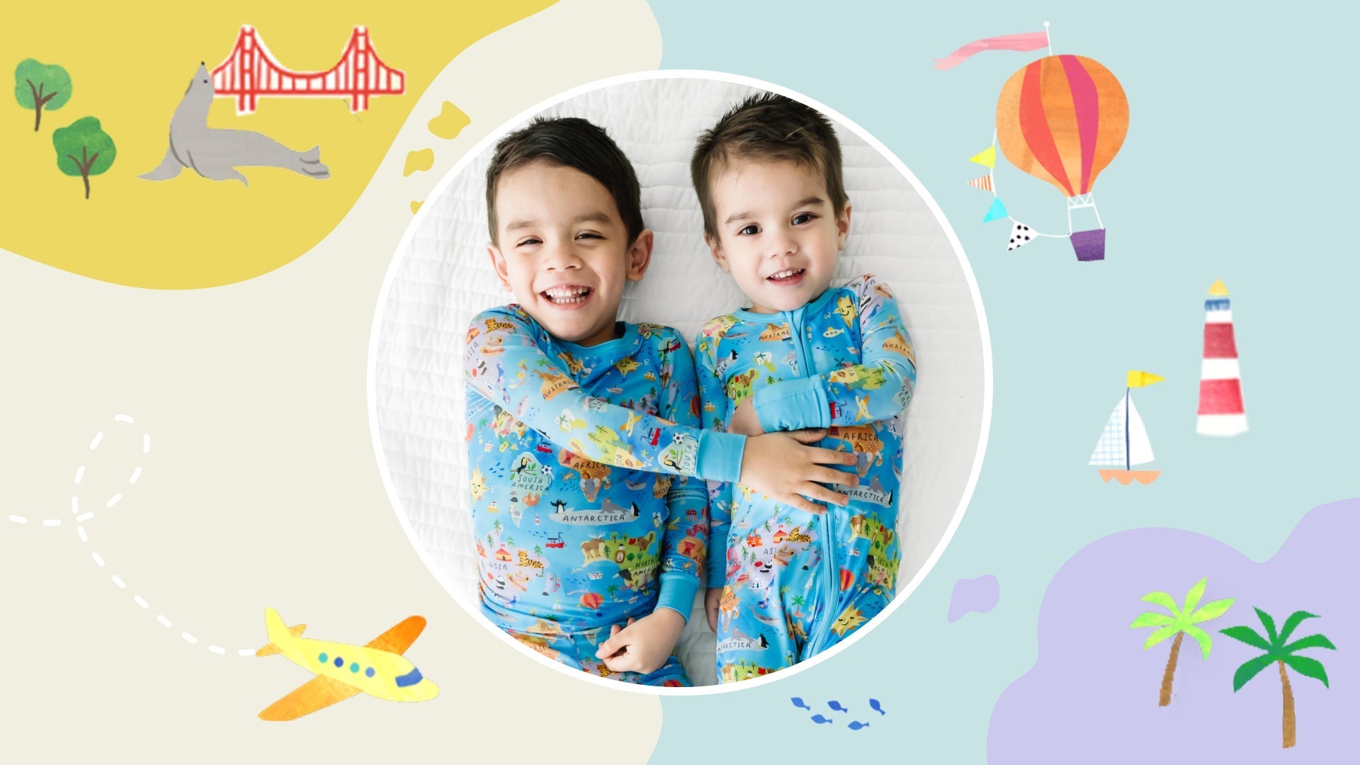Image of two children in Around the World pajamas