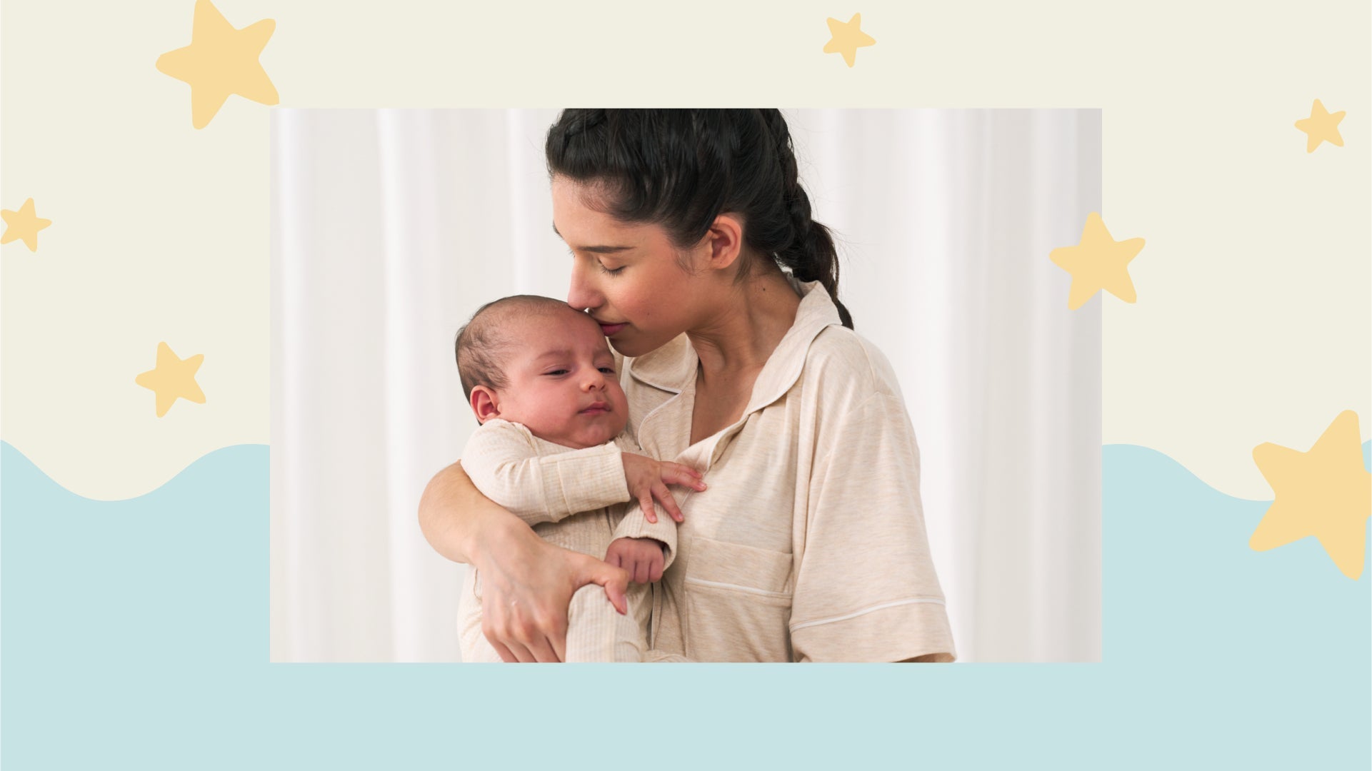 Image of a mother holding her baby, both wearing Heather Oatmeal pajamas