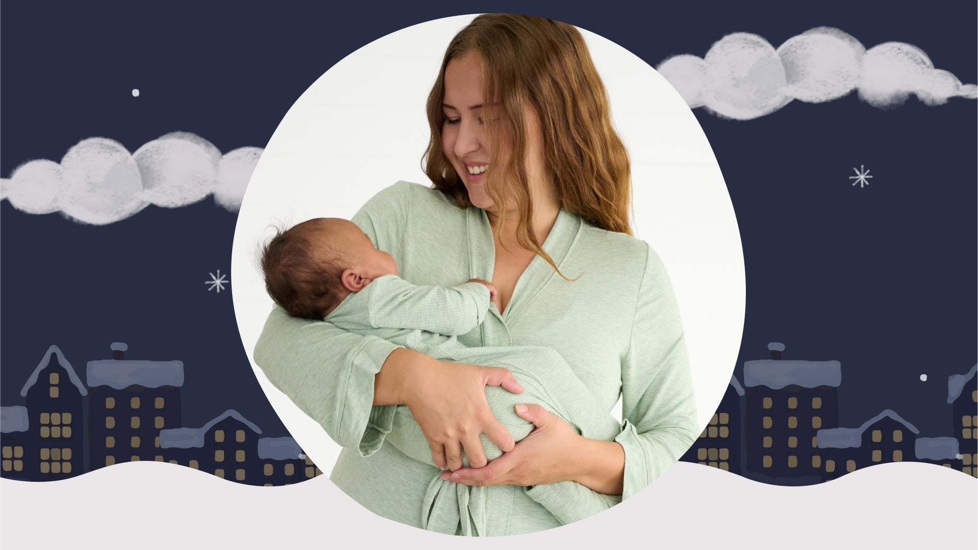 Image of a mother holding her infant with a snowy town at night illustrated in the background