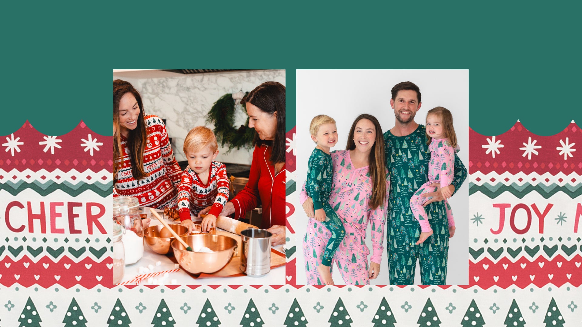 Two pictures of families wearing matching Christmas pajamas with a Christmas themed background