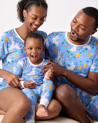 Family of three wearing Bunny Patch matching Easter pajamas
