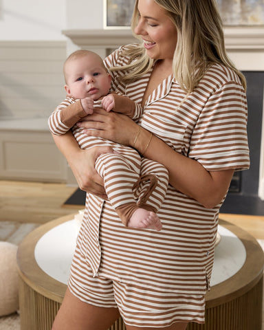 Mother and child wearing matching Chestnut Stripe pajamas