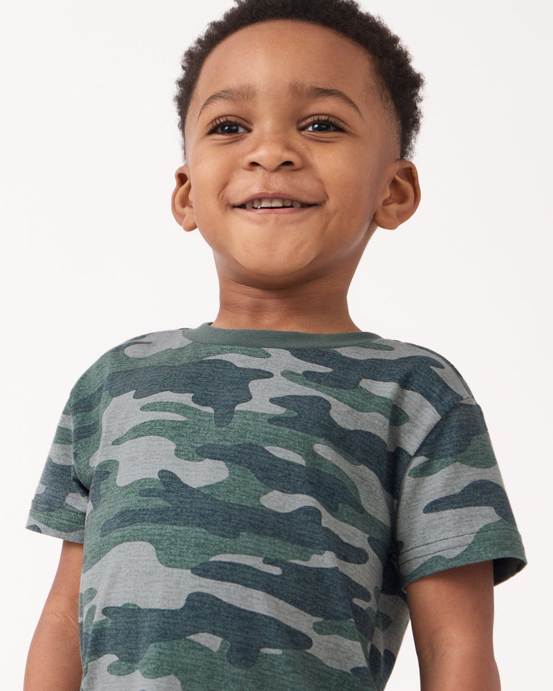 Close up of boy wearing the Vintage Camo Short Sleeve Relaxed Tee