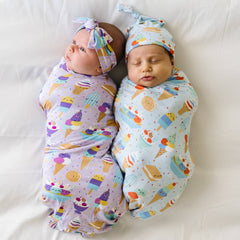 Infants in swaddle sets in Wildberry and Blueberry Ice Cream Social print.