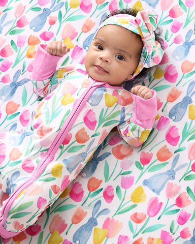 Baby wearing the Garden Hoppy Zippy and Bow Headband