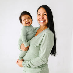 mother and child wearing matching Heather Sage Ribbed pajamas